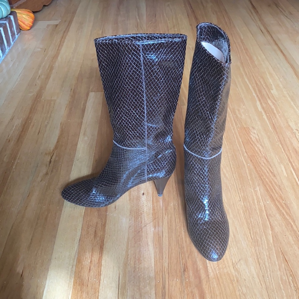 Loeffler Randall kitten heel reptile design leather boots. Made in Italy.
